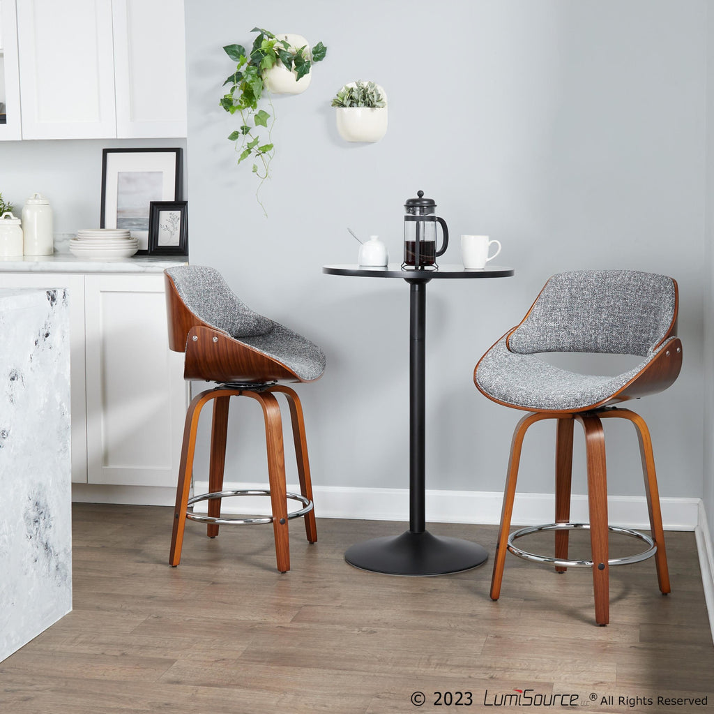 Fabrizzi 24" Fixed-Height Counter Stool - Set of 2 - Walnut Wood, Chrome Metal, Grey Noise Fabric
