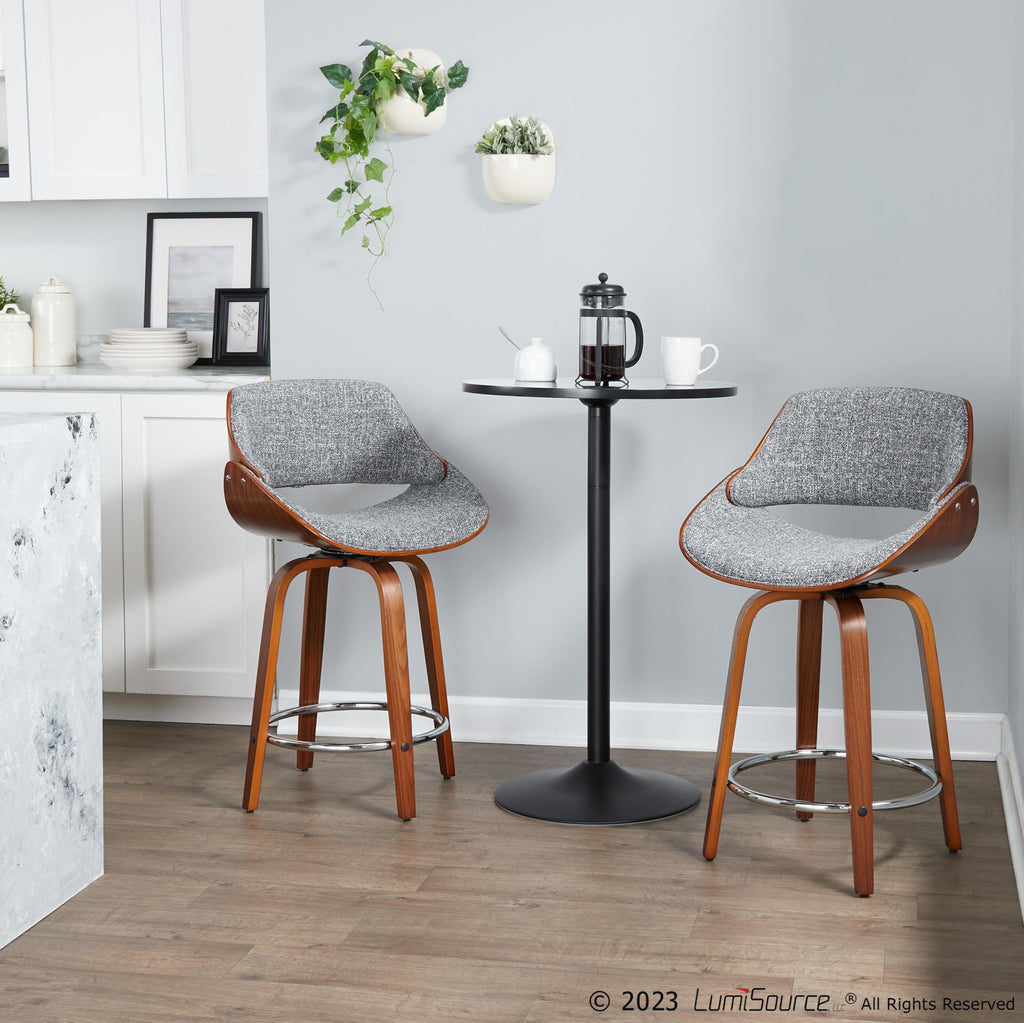 Fabrizzi 24" Fixed-Height Counter Stool - Set of 2 - Walnut Wood, Chrome Metal, Grey Noise Fabric