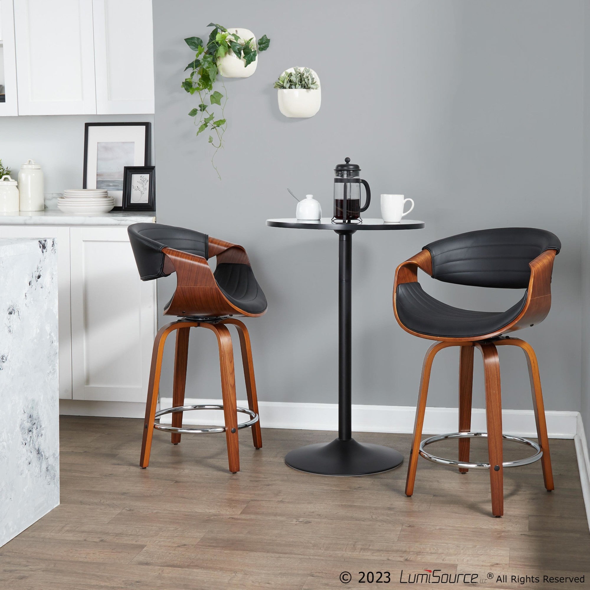 Symphony 24" Fixed-Height Counter Stool - Set of 2 - Walnut Wood, Black PU, Chrome Metal