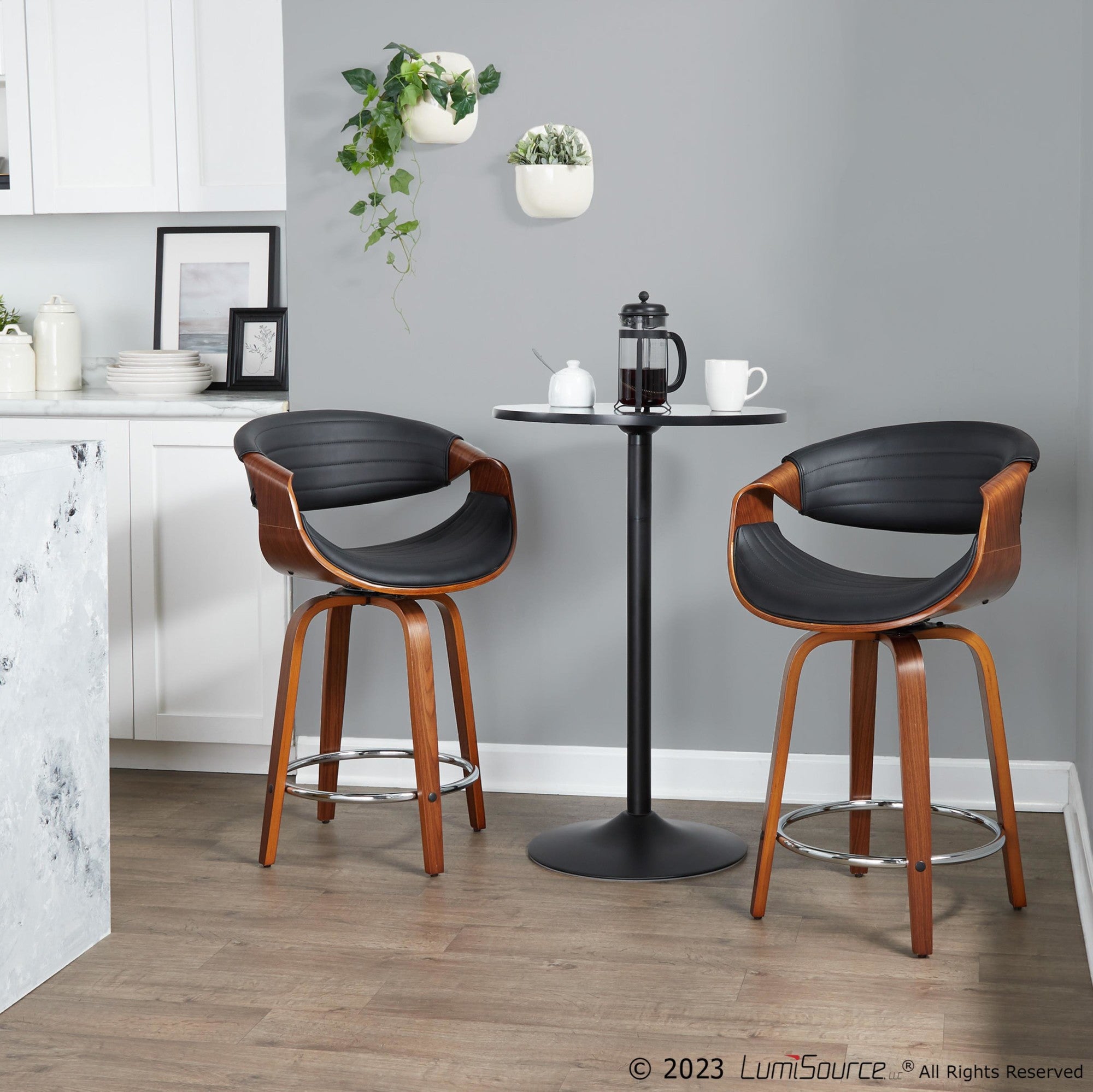 Symphony 24" Fixed-Height Counter Stool - Set of 2 - Walnut Wood, Black PU, Chrome Metal