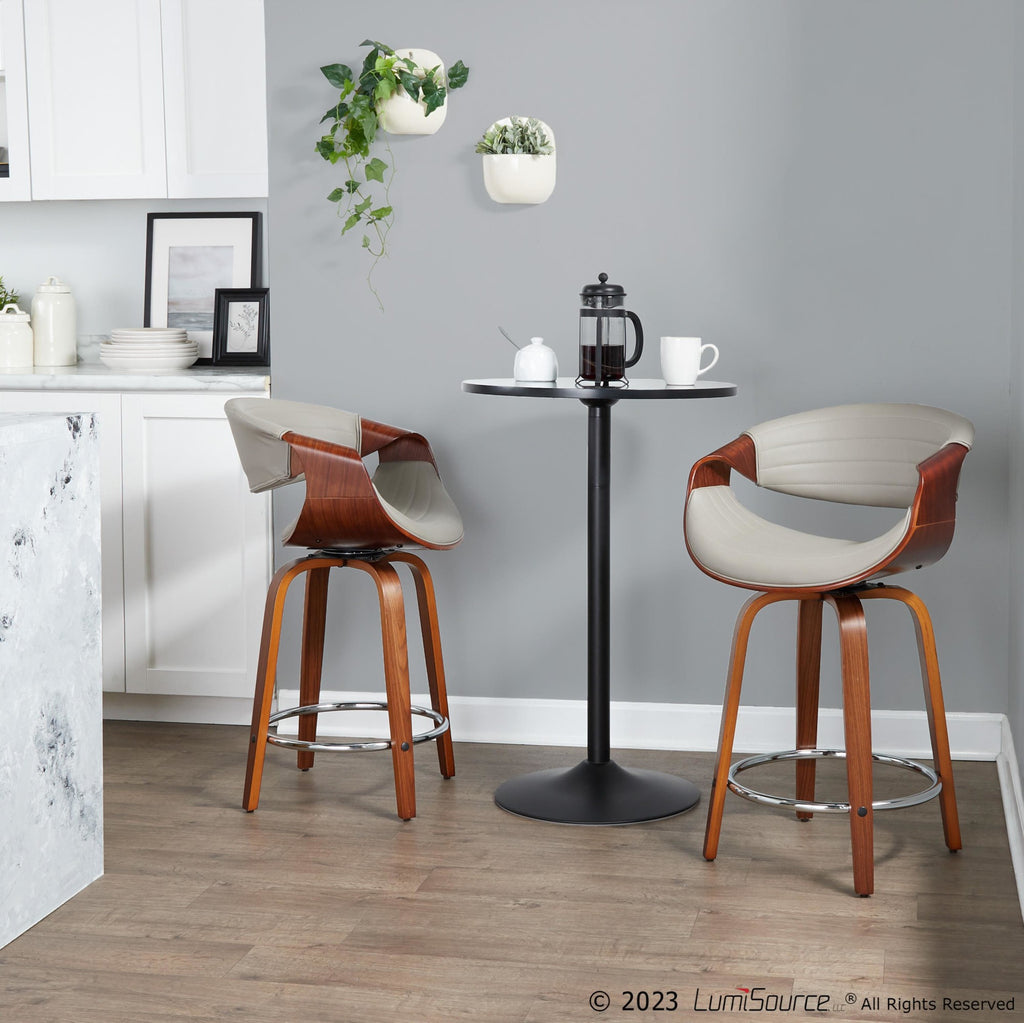 Symphony 24" Fixed-Height Counter Stool - Set of 2 - Walnut Wood, Grey PU, Chrome Metal