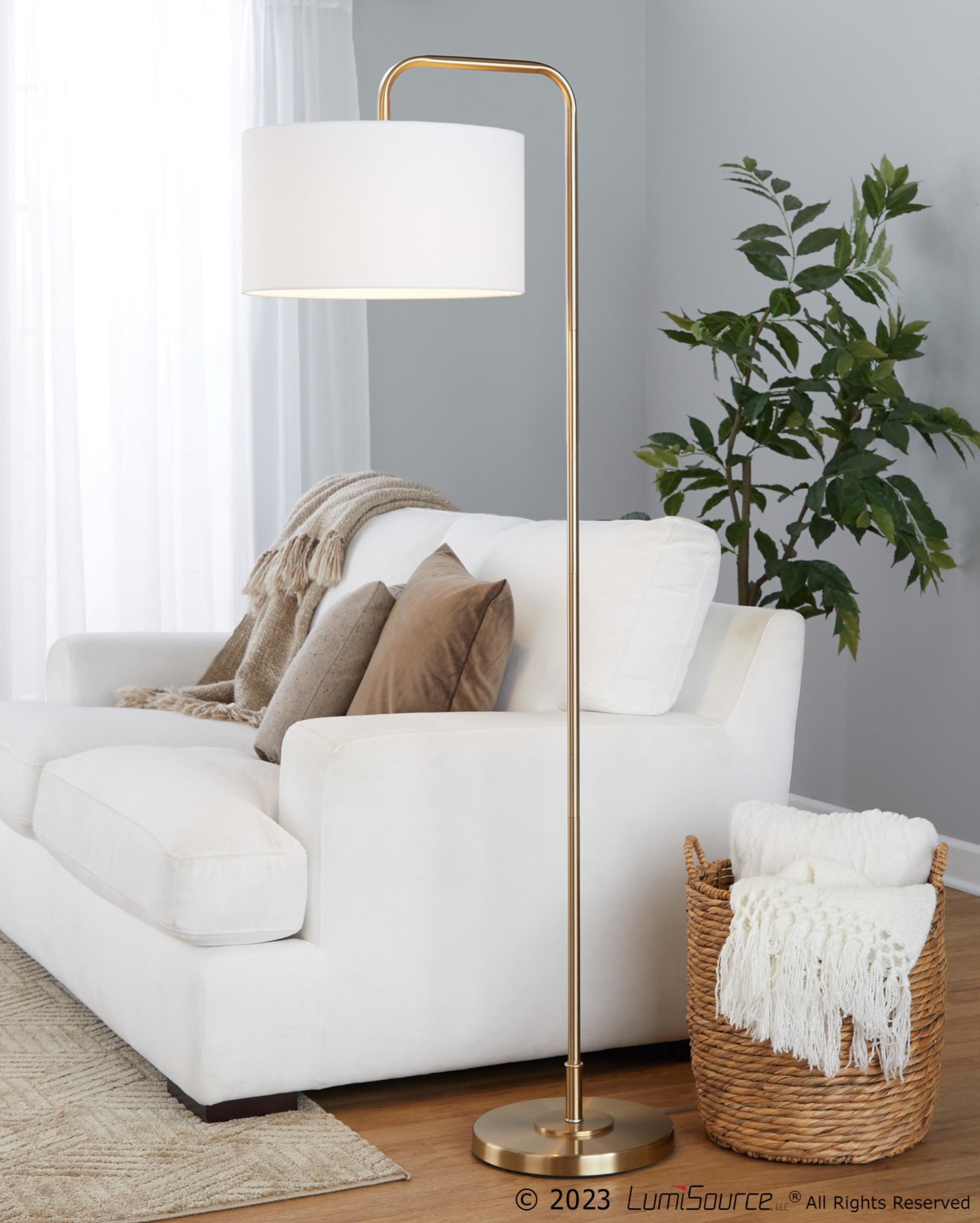 Puck 63" Metal Floor Lamp - Gold Metal, White Linen