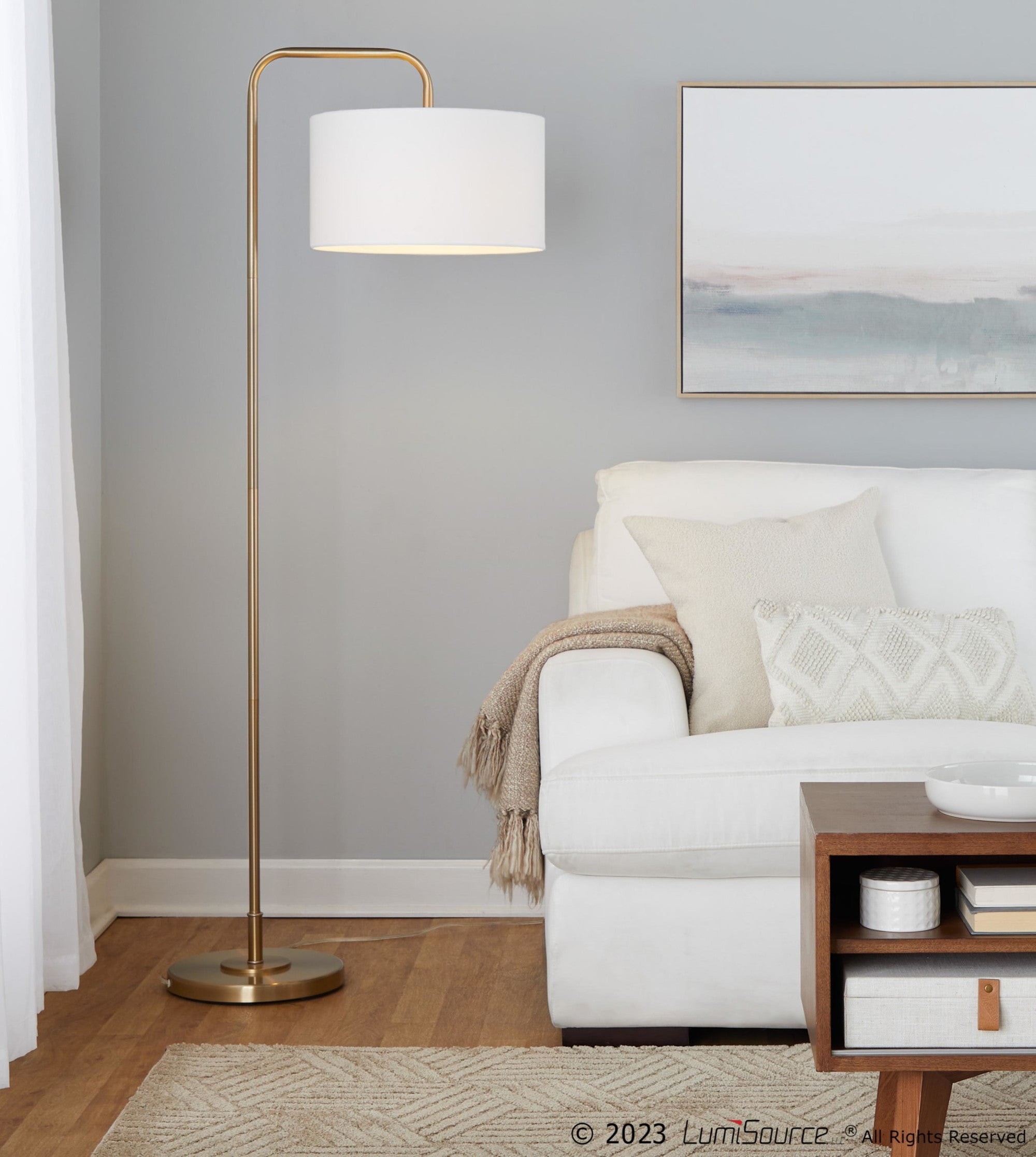 Puck 63" Metal Floor Lamp - Gold Metal, White Linen
