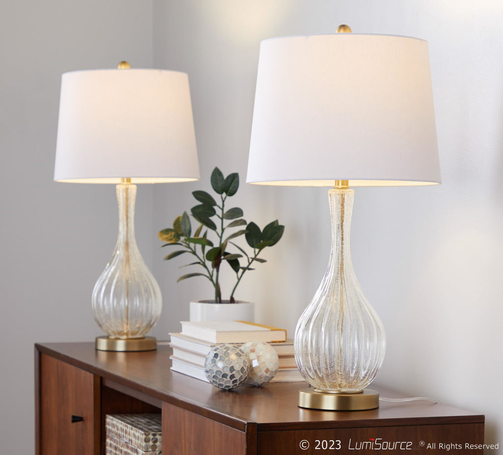 Jenny 27" Glass Table Lamp - Set of 2 - Clear Crackle Glass, Gold Metal, White Linen