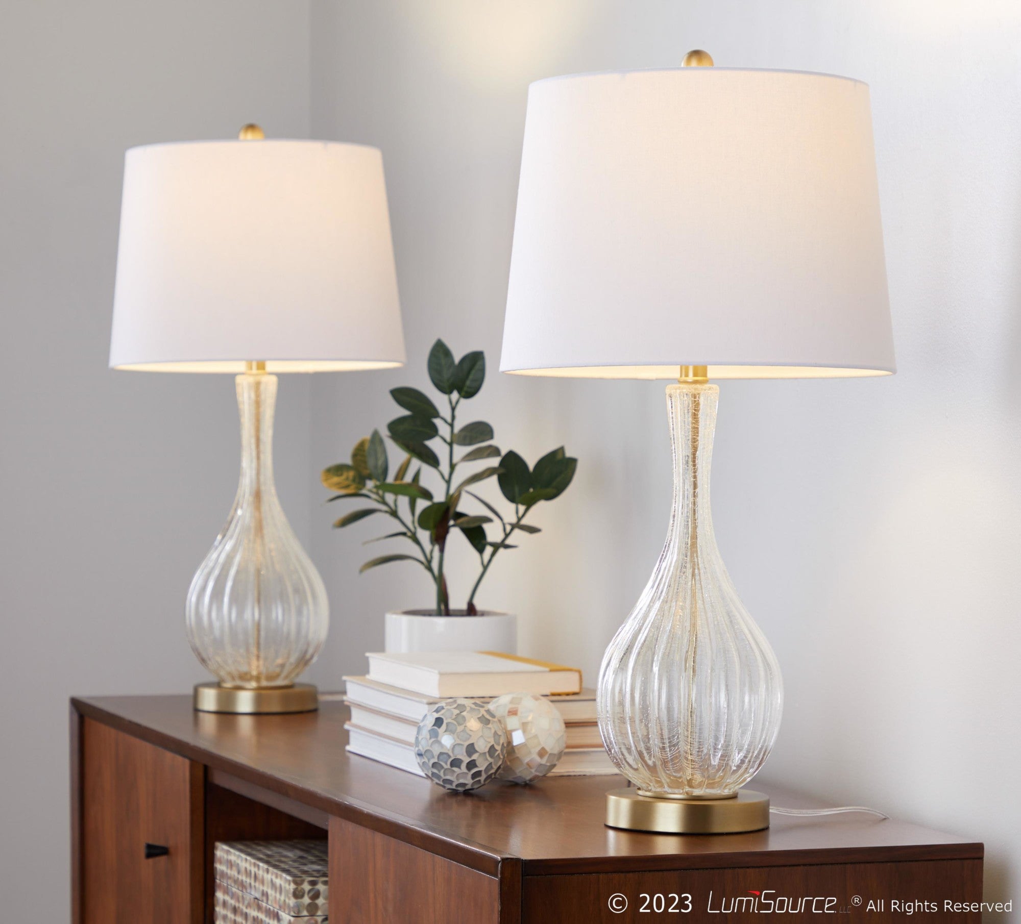 Jenny 27" Glass Table Lamp - Set of 2 - Clear Crackle Glass, Gold Metal, White Linen
