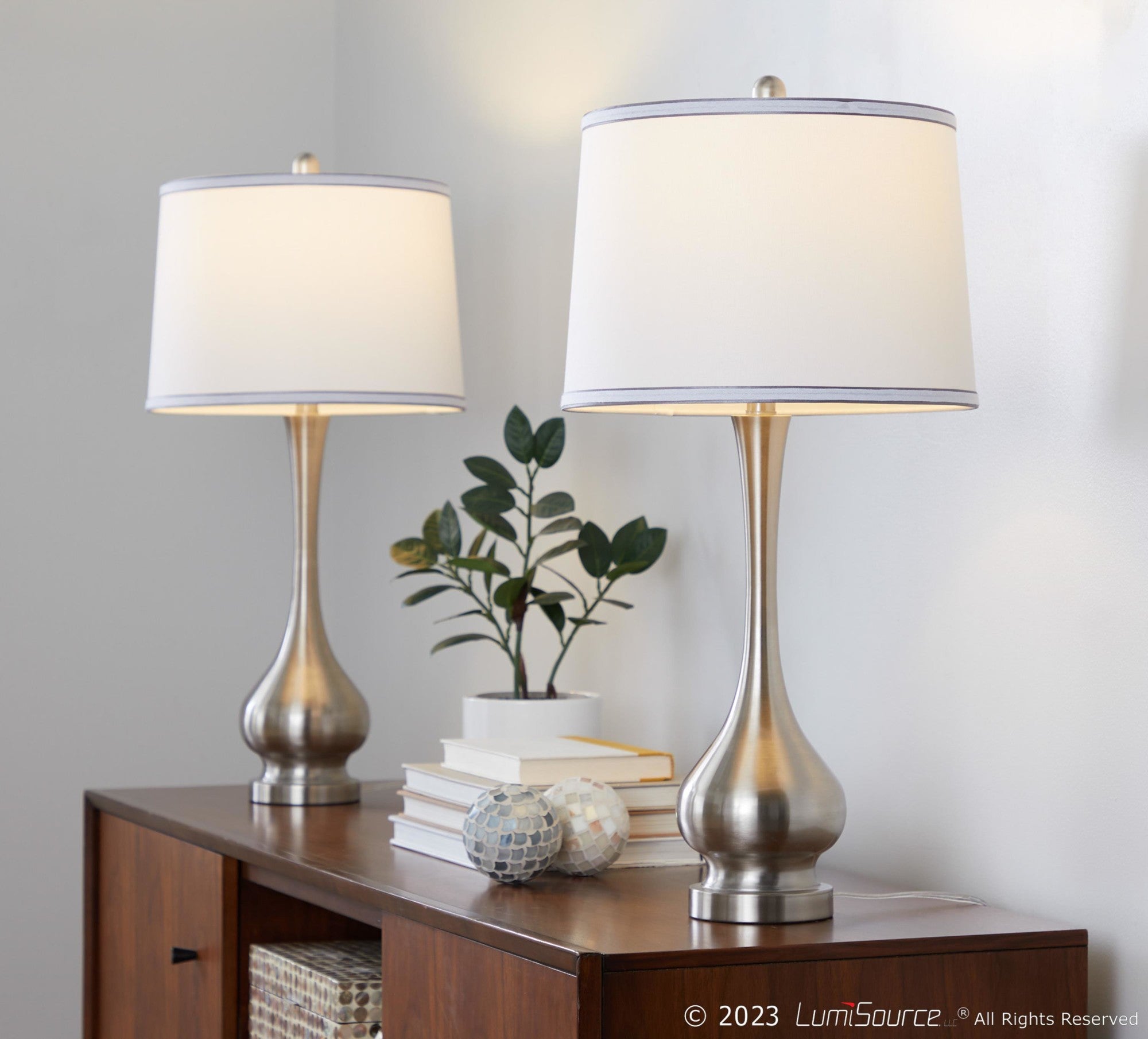 Cairo 28" Metal Table Lamp - Set of 2 - Brushed Nickel, White Linen, Silver Trim