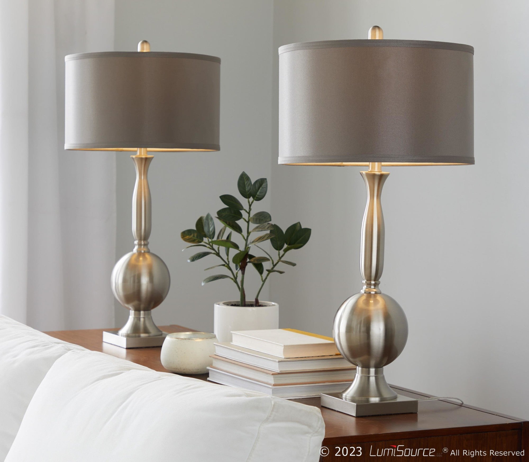 Joan 30" Metal Table Lamp - Set of 2 - Brushed Nickel, Grey Satin