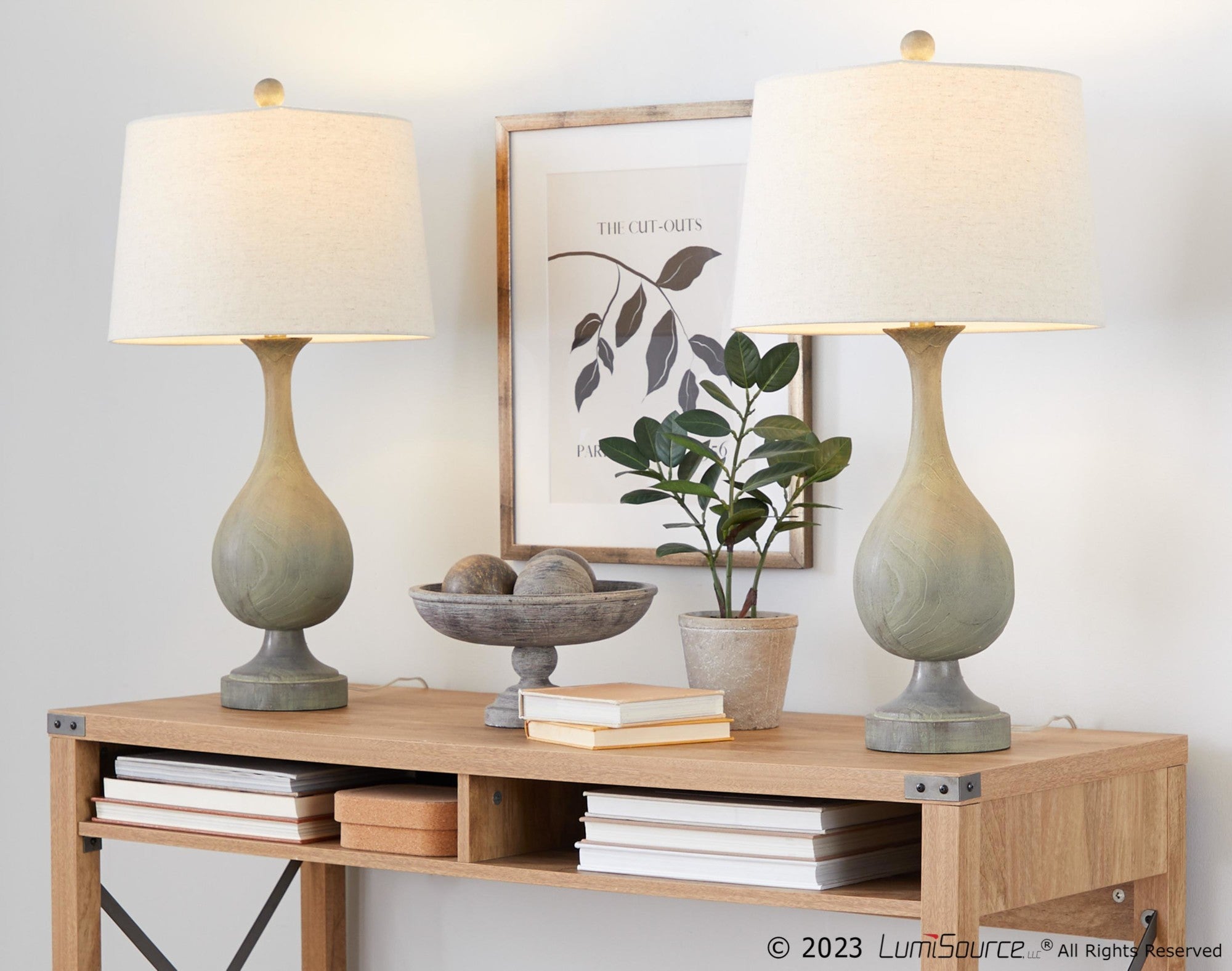 Cipolla Poly 29" Polyresin Table Lamp - Set of 2 - Acid Dusty Wood Polyresin, Antique Soft Brass, Natural Linen