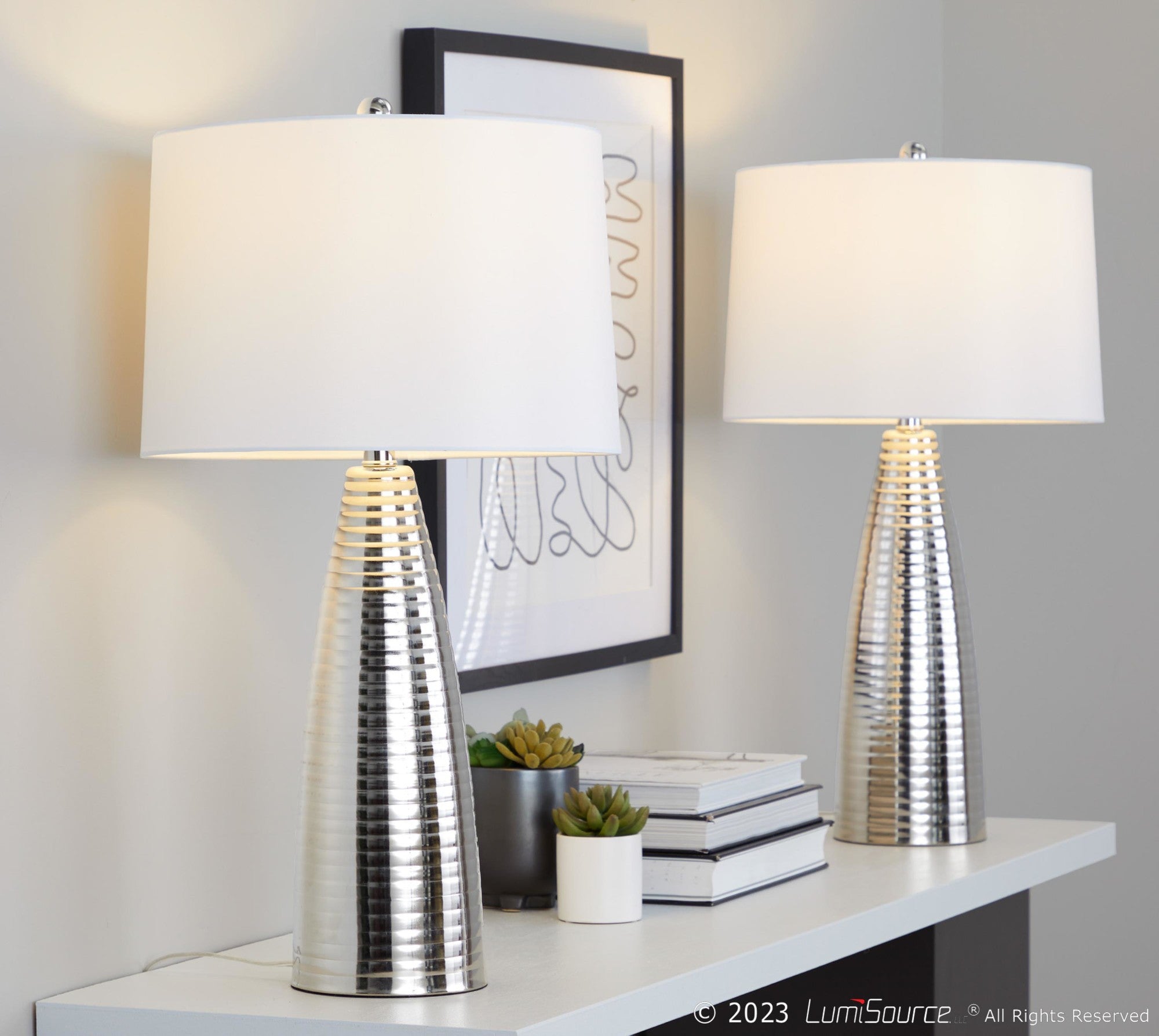 Maya 27" Metal Table Lamp - Set of 2 - Polished Nickel, White Linen