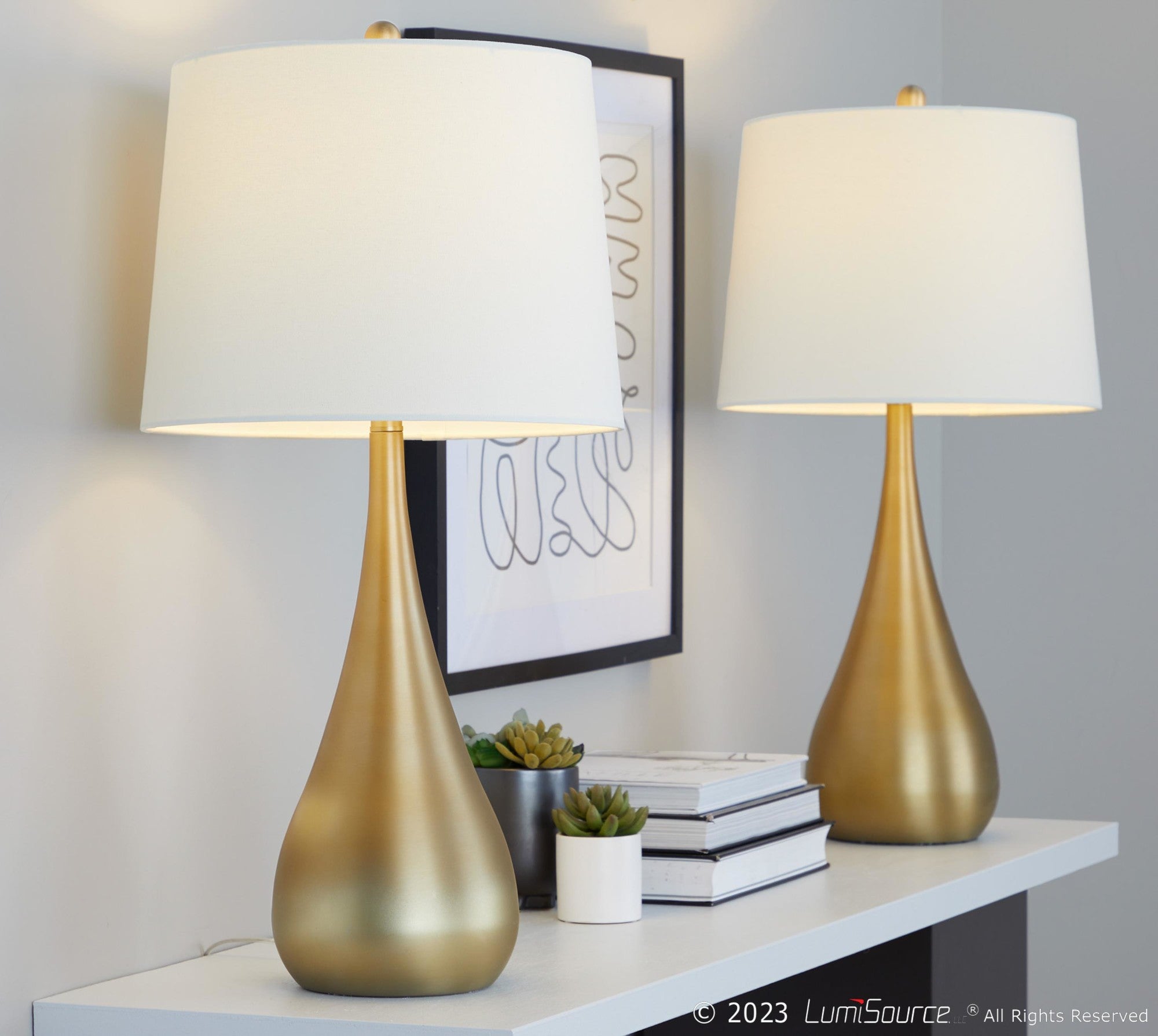 Pebble 30" Metal Table Lamp - Set of 2 - Gold Metal, White Linen