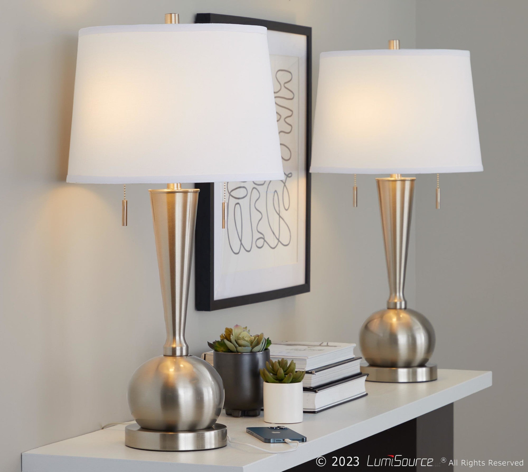 Jules 30" Metal Table Lamp With Usb - Set of 2 - Brushed Nickel, White Linen