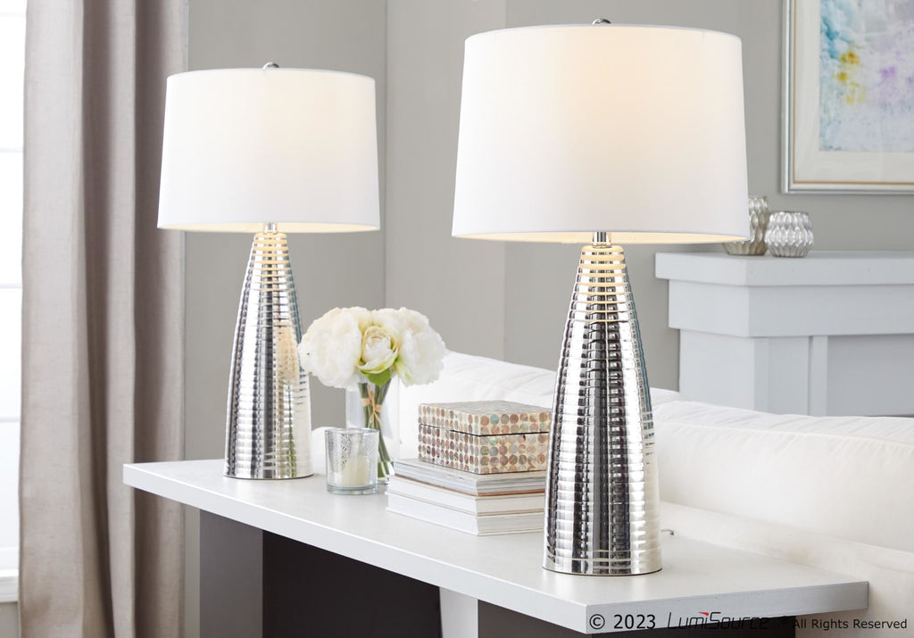 Maya 27" Metal Table Lamp - Set of 2 - Polished Nickel, White Linen