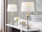 Flint 30" Metal Table Lamp With Usb - Set of 2 - Brushed Nickel, White Textured Slub Linen