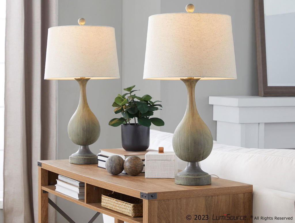Cipolla Poly 29" Polyresin Table Lamp - Set of 2 - Acid Dusty Wood Polyresin, Antique Soft Brass, Natural Linen