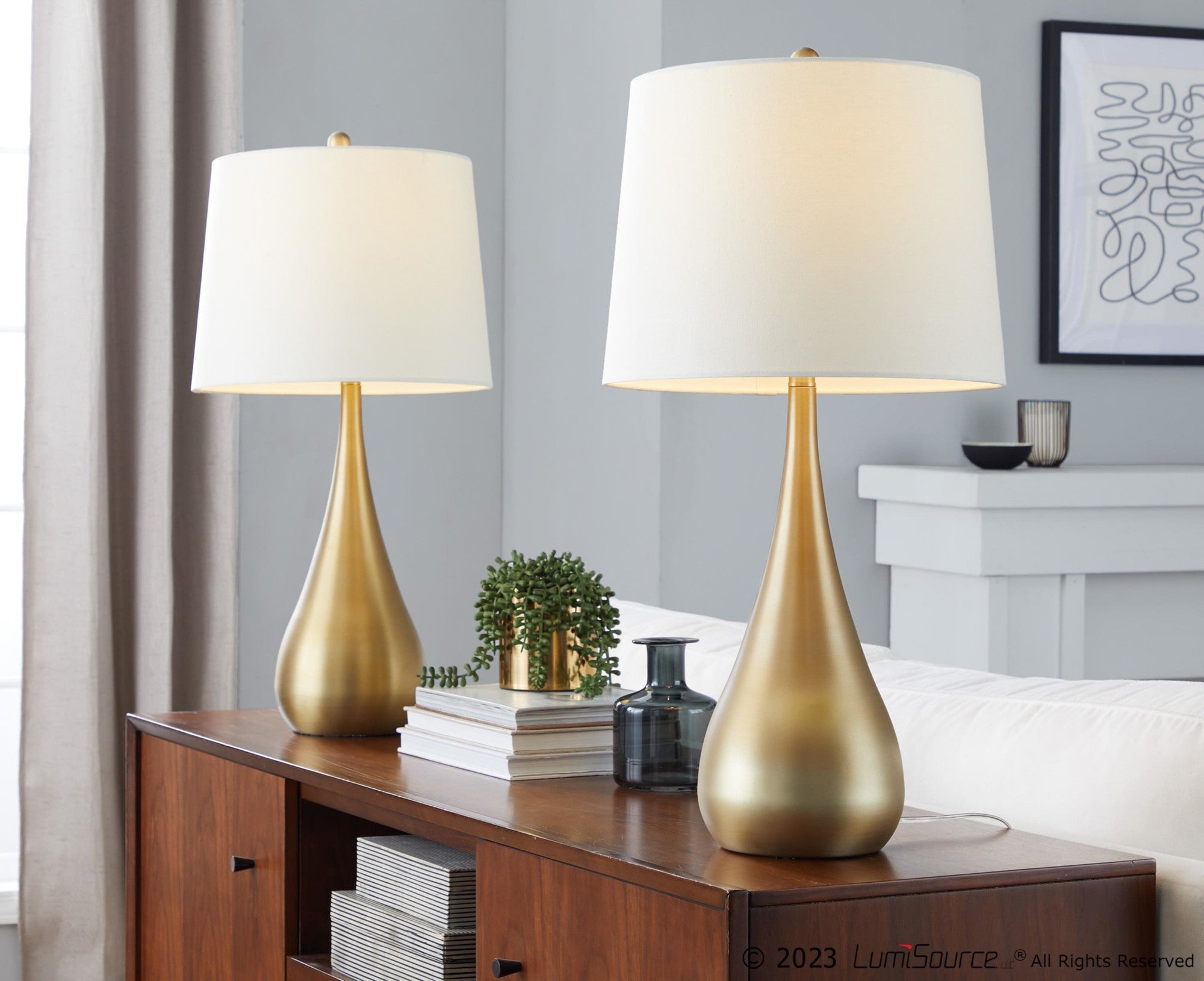 Pebble 30" Metal Table Lamp - Set of 2 - Gold Metal, White Linen