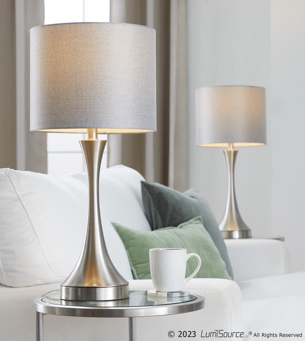 Lenuxe 25" Metal Table Lamp With Usb - Set of 2 - Brushed Nickel, Grey Linen