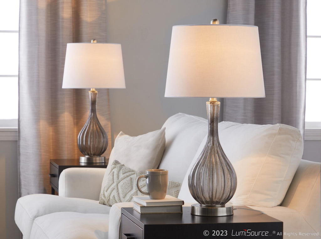 Jenny 27" Glass Table Lamp - Set of 2 - Clear Smokey Crackle Glass, Brushed Nickel, White Linen