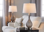 Jenny 27" Glass Table Lamp - Set of 2 - Clear Smokey Crackle Glass, Brushed Nickel, White Linen