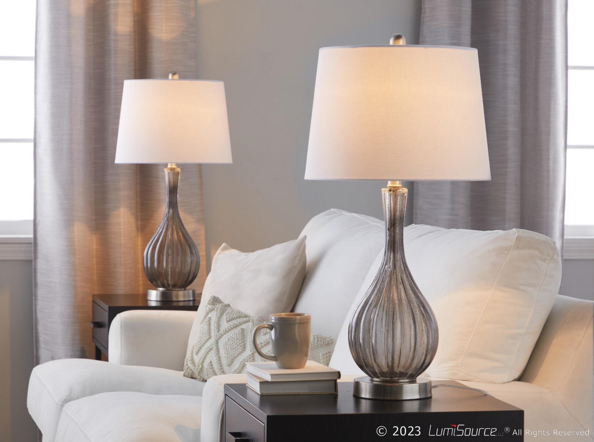 Jenny 27" Glass Table Lamp - Set of 2 - Clear Smokey Crackle Glass, Brushed Nickel, White Linen