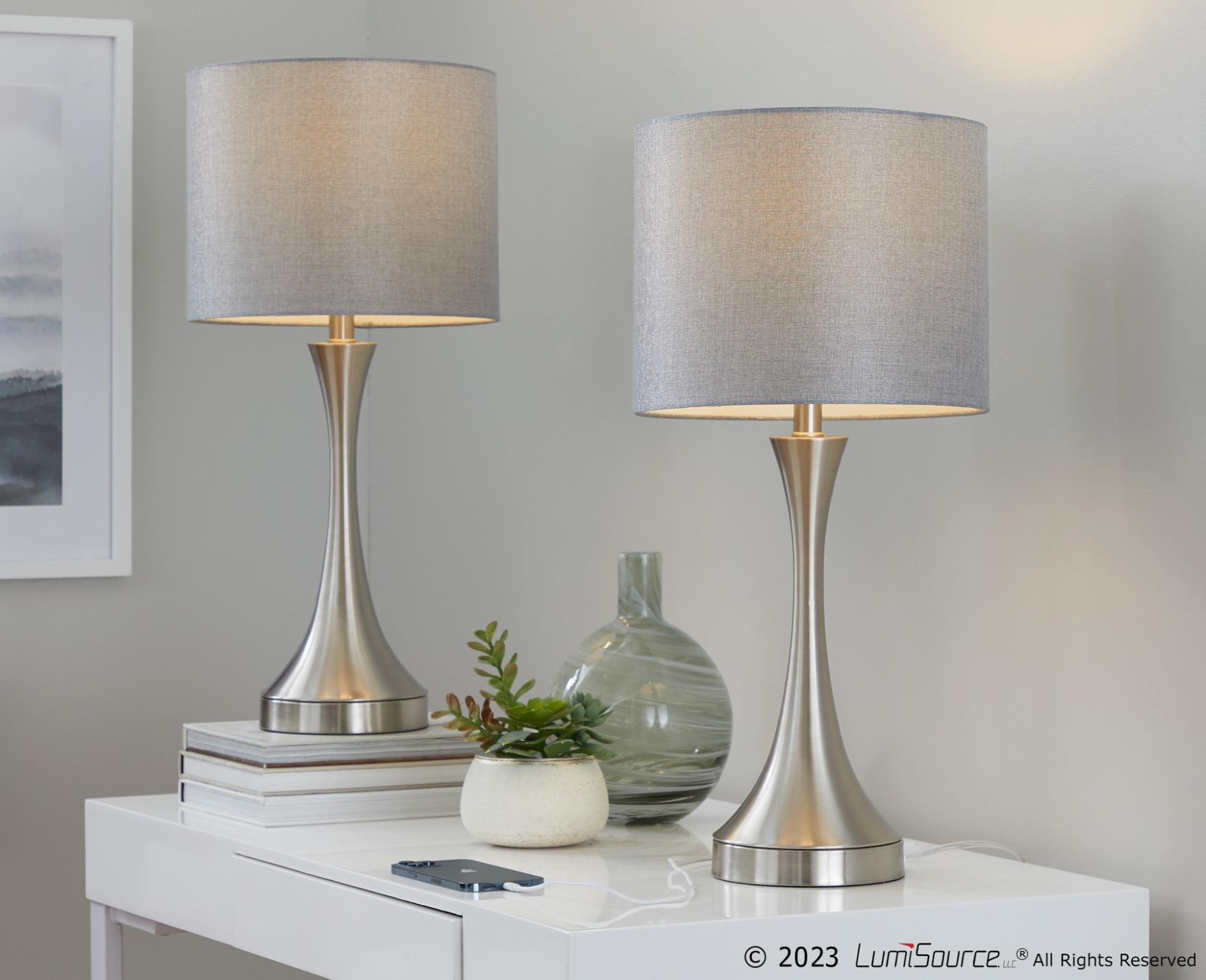 Lenuxe 25" Metal Table Lamp With Usb - Set of 2 - Brushed Nickel, Grey Linen