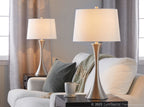 Lenuxe 29" Metal Table Lamp - Set of 2 - Brushed Nickel, White Textured Linen
