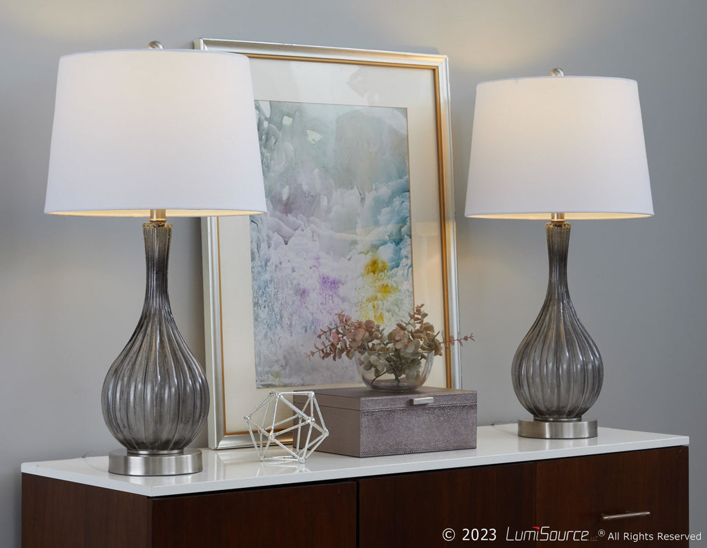 Jenny 27" Glass Table Lamp - Set of 2 - Clear Smokey Crackle Glass, Brushed Nickel, White Linen