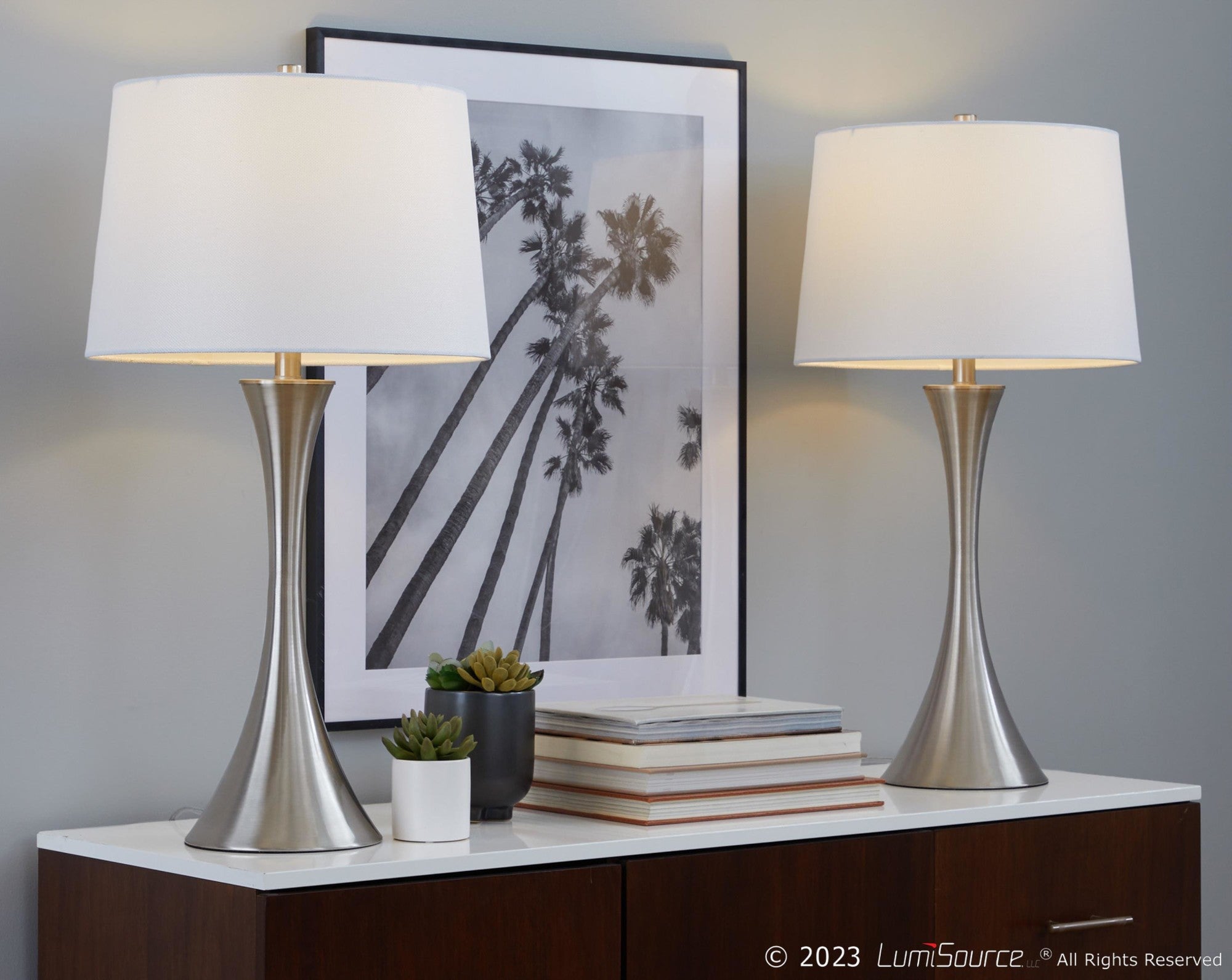 Lenuxe 29" Metal Table Lamp - Set of 2 - Brushed Nickel, White Textured Linen
