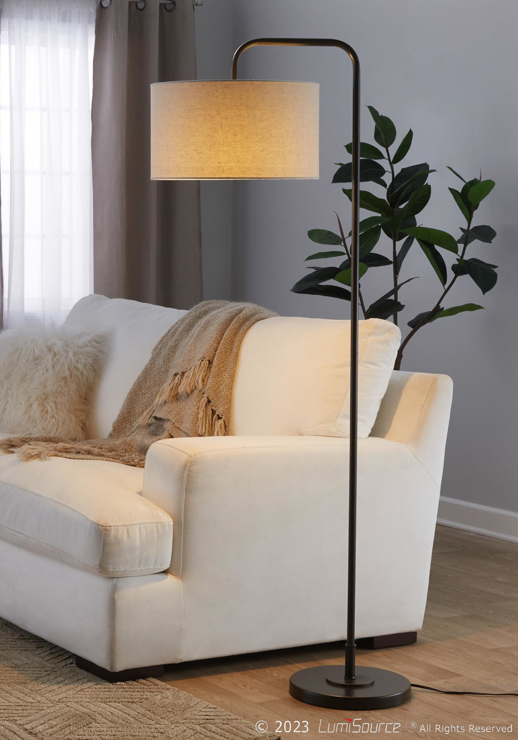 Puck 63" Metal Floor Lamp - Oil Rubbed Bronze, Beige Linen
