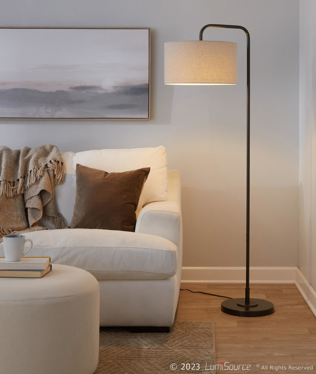 Puck 63" Metal Floor Lamp - Oil Rubbed Bronze, Beige Linen