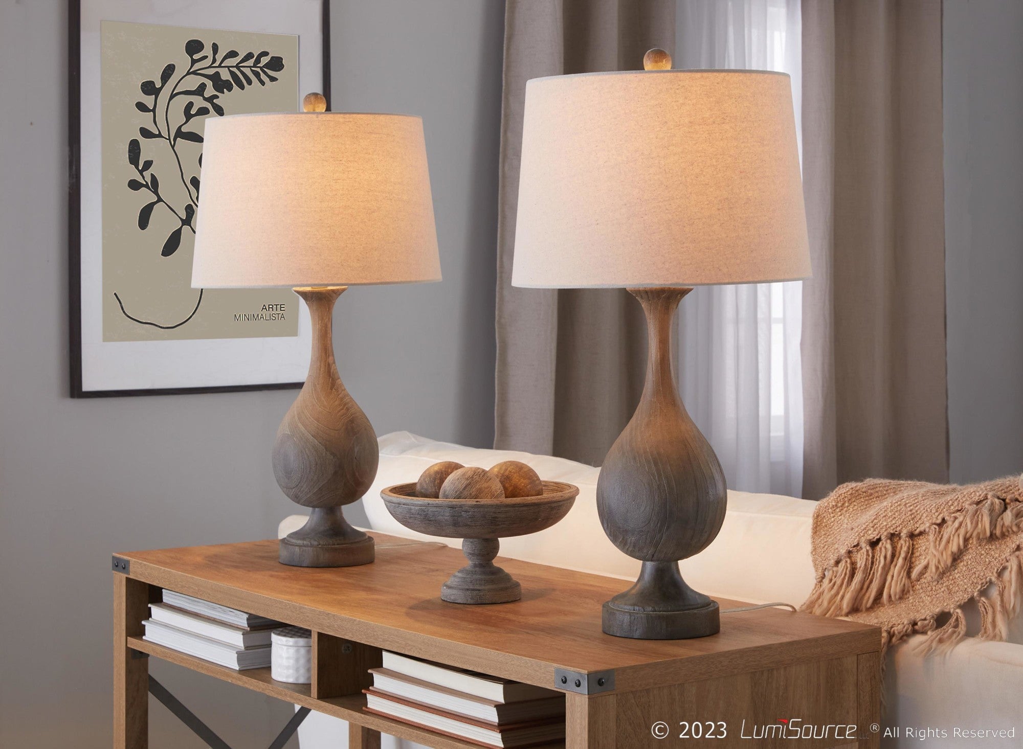 Cipolla Poly 29" Polyresin Table Lamp - Set of 2 - Acid Griffin Wood Polyresin, Antique Soft Brass, Natural Linen