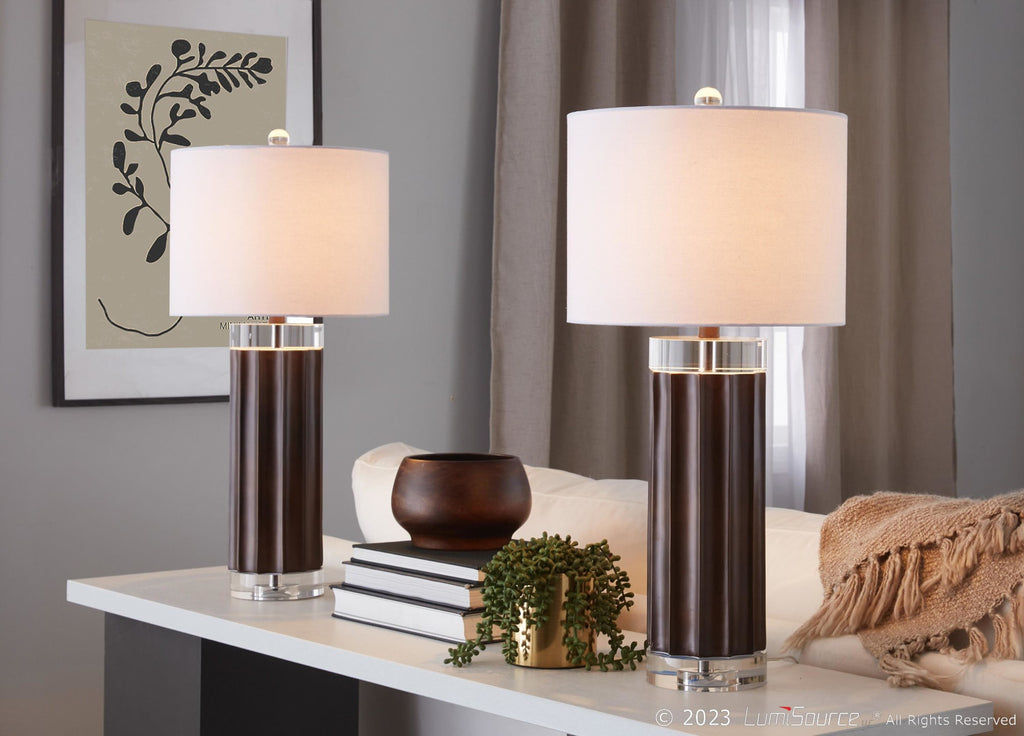 Cylinder Fluted 29.25" Polyresin Table Lamp - Set of 2 - Brown Lustre Polyresin, Clear Crystal, White Linen
