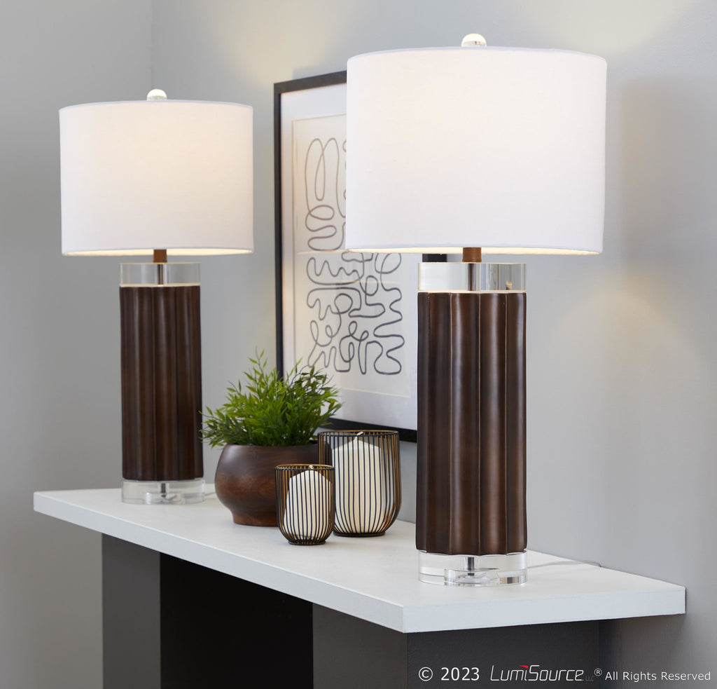 Cylinder Fluted 29.25" Polyresin Table Lamp - Set of 2 - Brown Lustre Polyresin, Clear Crystal, White Linen
