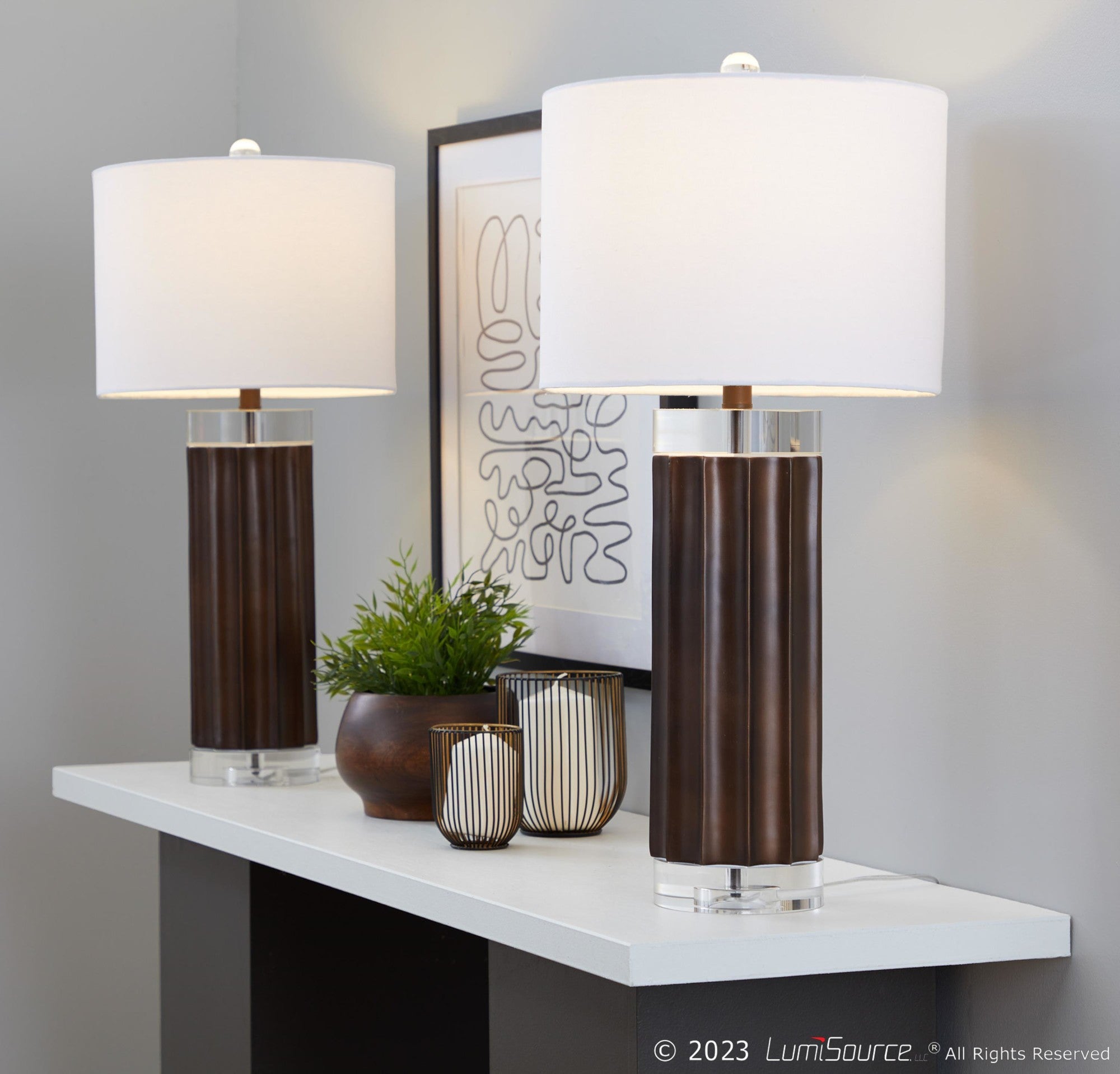 Cylinder Fluted 29.25" Polyresin Table Lamp - Set of 2 - Brown Lustre Polyresin, Clear Crystal, White Linen