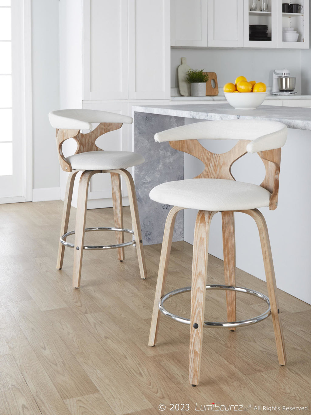 Gardenia 26" Fixed-Height Counter Stool - Set of 2 - Whitewashed Wood, Cream Fabric, Chrome Metal