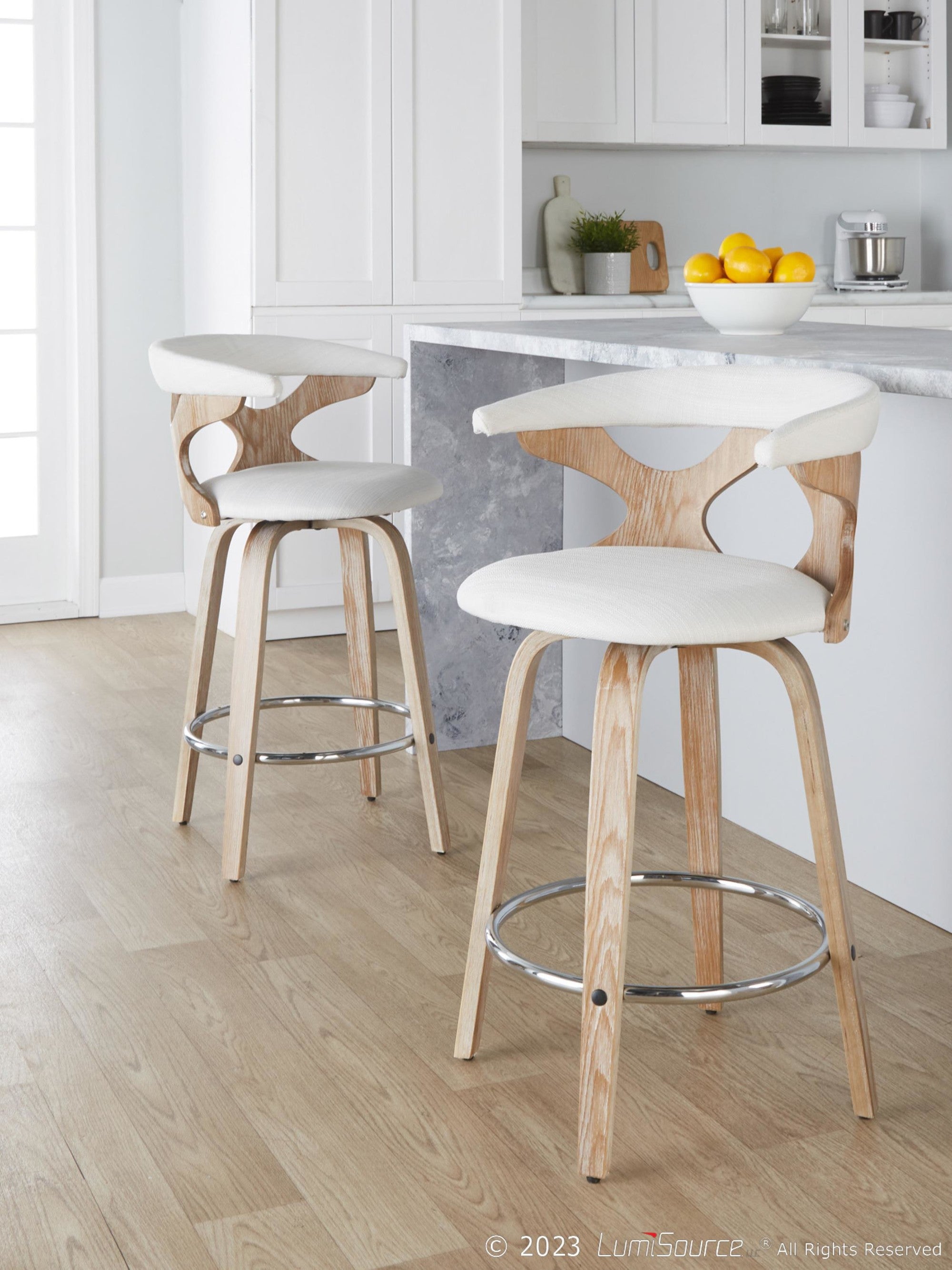 Gardenia 26" Fixed-Height Counter Stool - Set of 2 - Whitewashed Wood, Cream Fabric, Chrome Metal