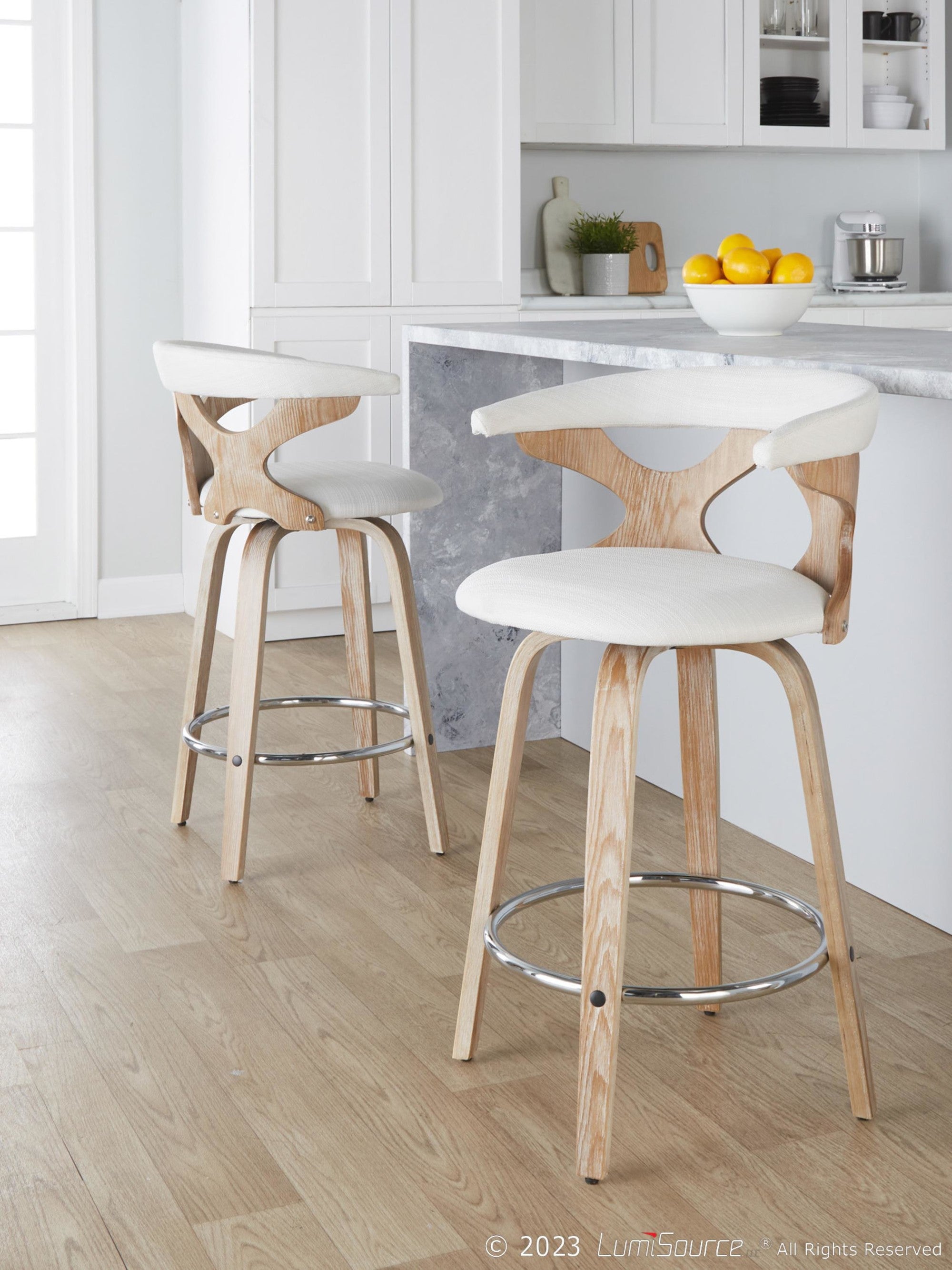Gardenia 26" Fixed-Height Counter Stool - Set of 2 - Whitewashed Wood, Cream Fabric, Chrome Metal