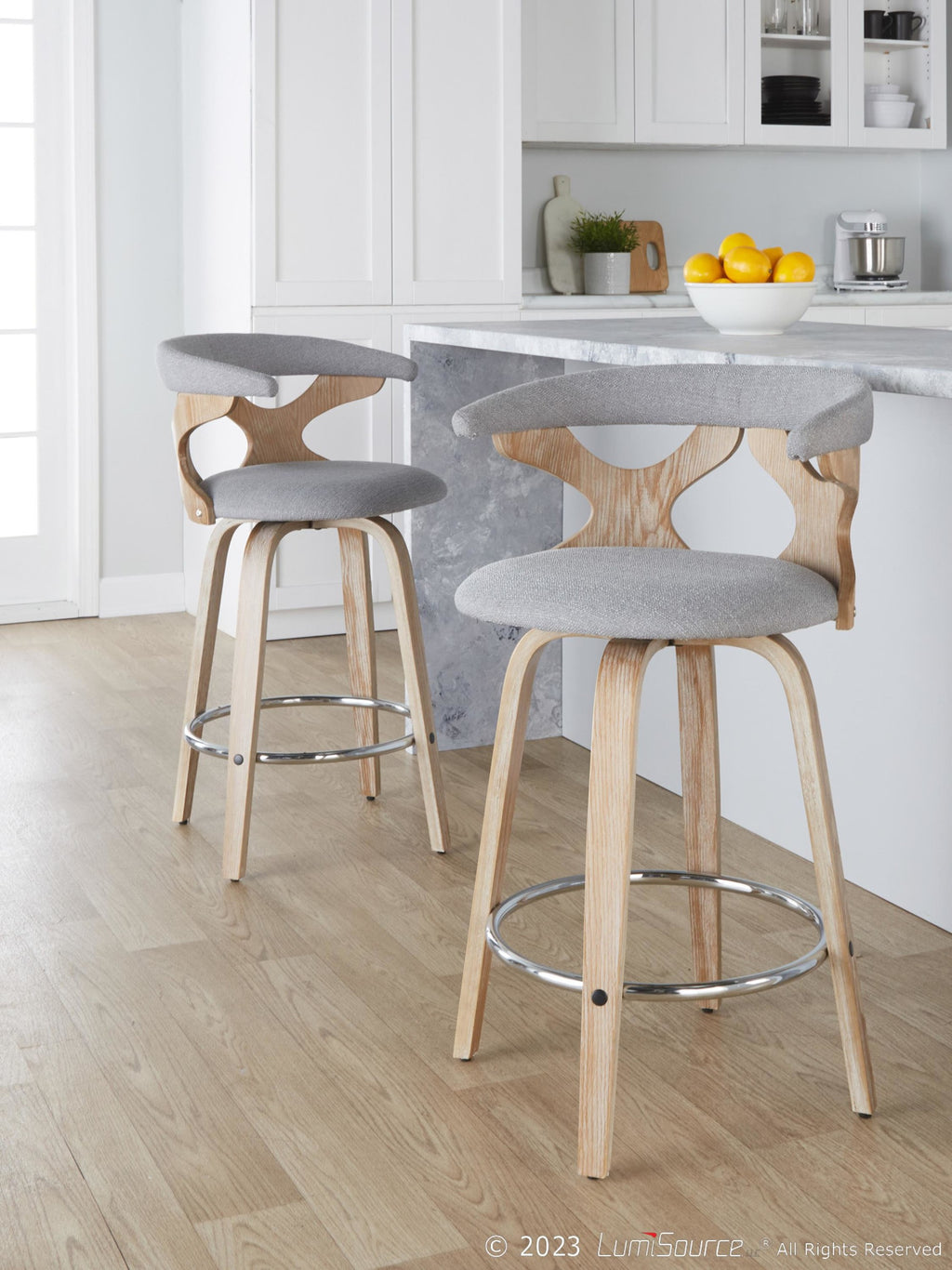 Gardenia 26" Fixed-Height Counter Stool - Set of 2 - Whitewashed Wood, Light Grey Fabric, Chrome Metal