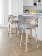 Gardenia 26" Fixed-Height Counter Stool - Set of 2 - Whitewashed Wood, Light Grey Fabric, Chrome Metal