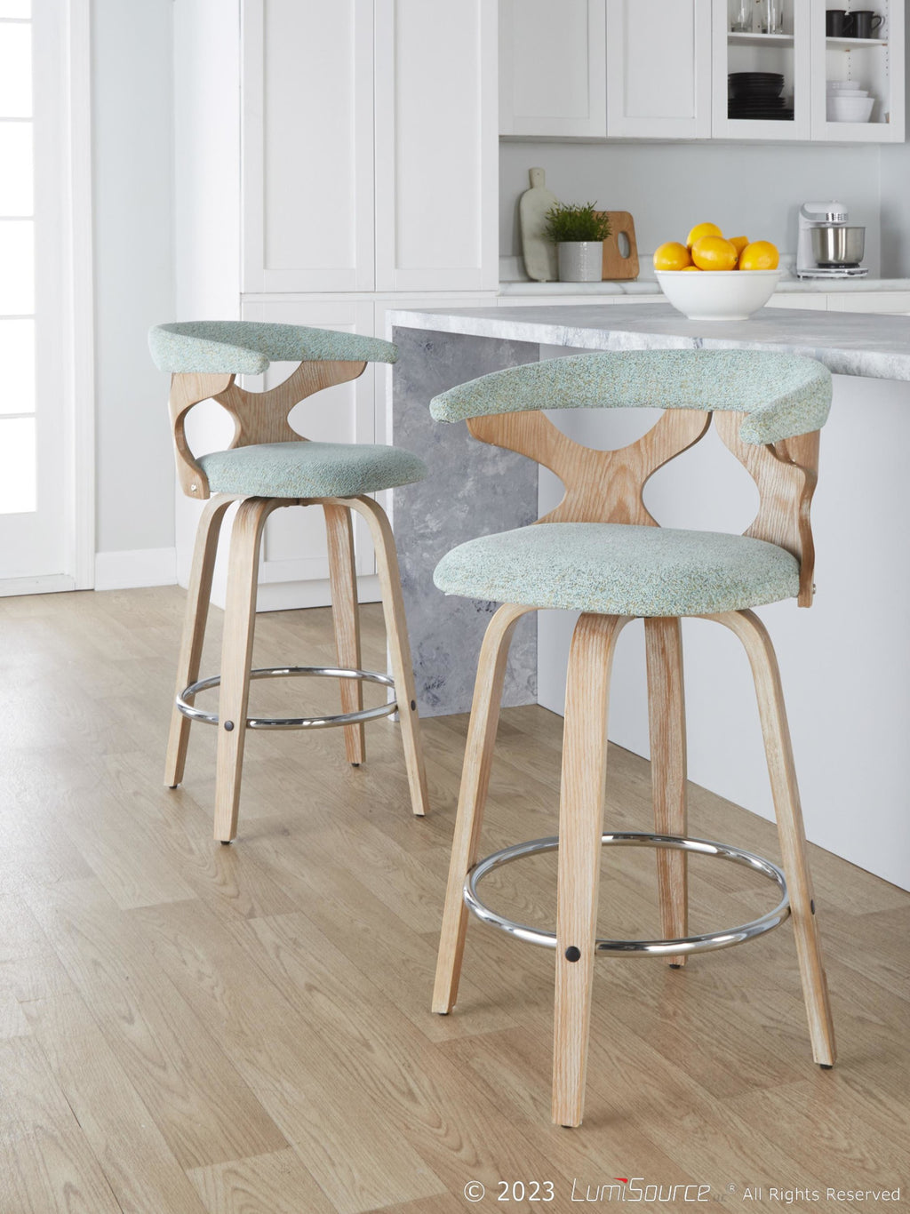 Gardenia 26" Fixed-Height Counter Stool - Set of 2 - Whitewashed Wood, Seafoam Green Fabric, Chrome Metal