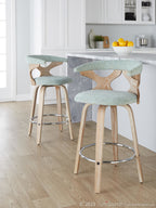 Gardenia 26" Fixed-Height Counter Stool - Set of 2 - Whitewashed Wood, Seafoam Green Fabric, Chrome Metal