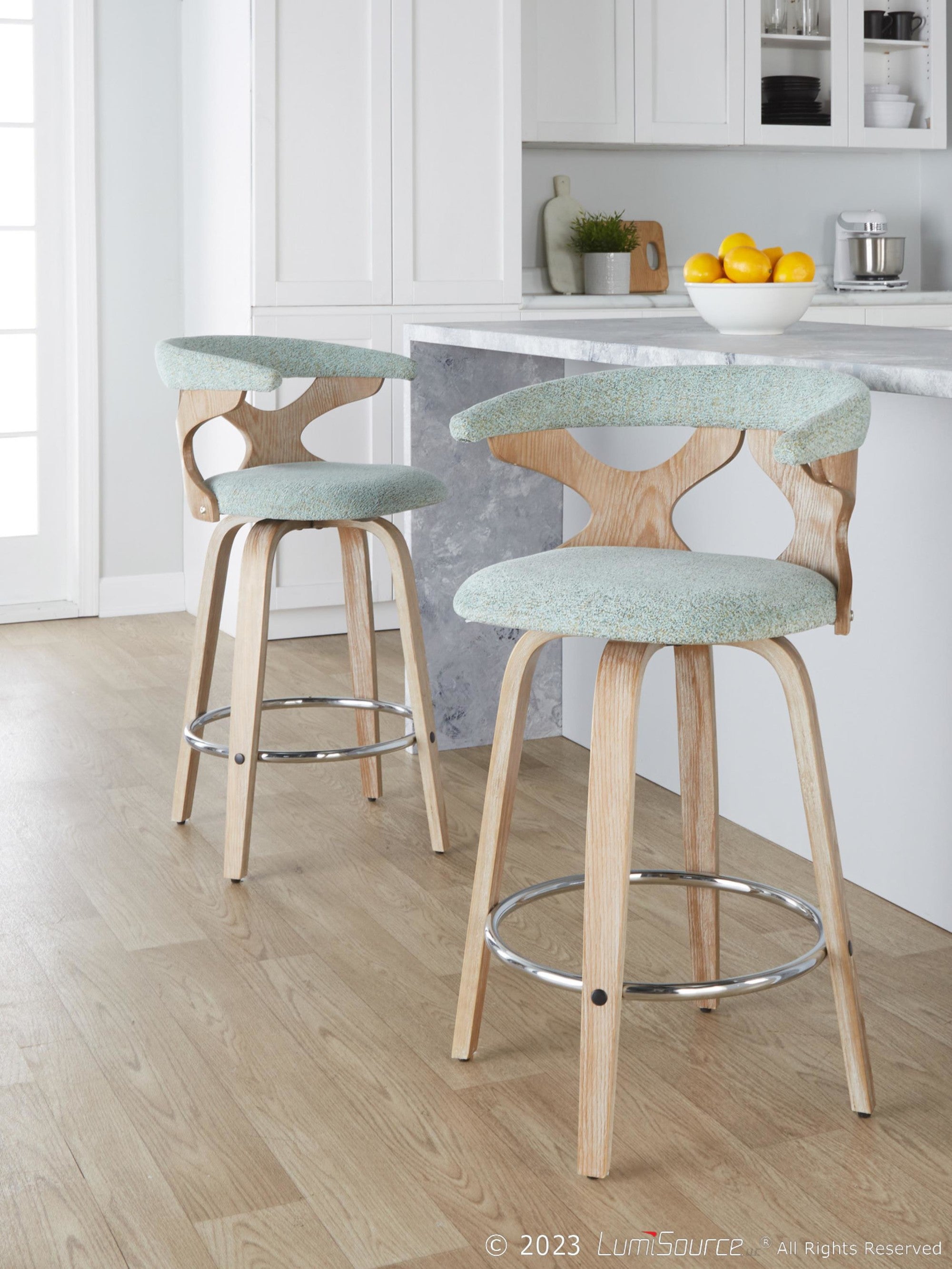 Gardenia 26" Fixed-Height Counter Stool - Set of 2 - Whitewashed Wood, Seafoam Green Fabric, Chrome Metal