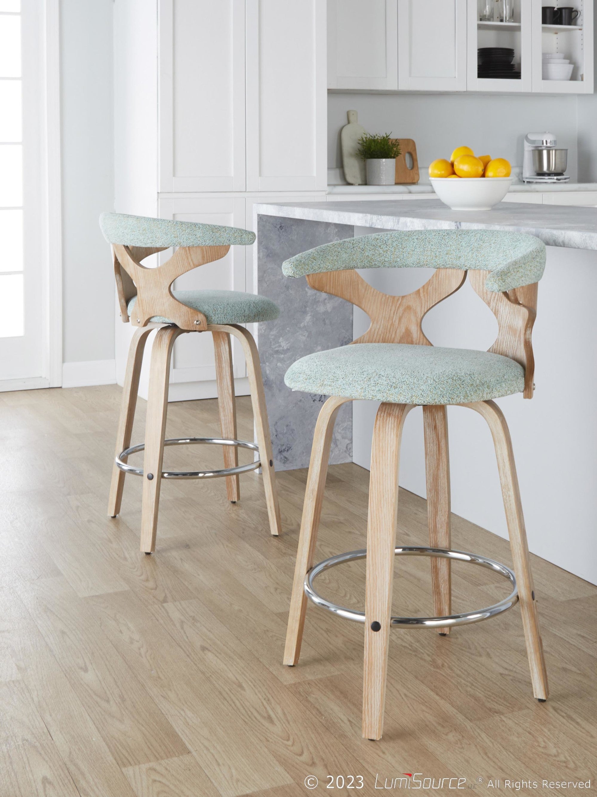 Gardenia 26" Fixed-Height Counter Stool - Set of 2 - Whitewashed Wood, Seafoam Green Fabric, Chrome Metal