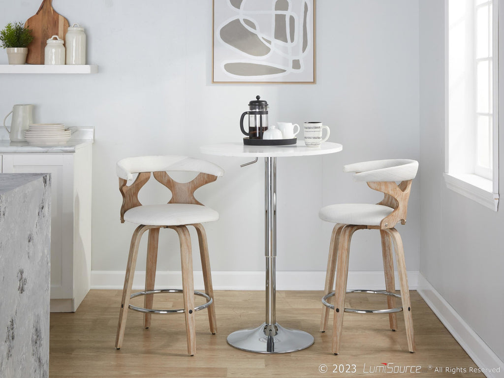 Gardenia 26" Fixed-Height Counter Stool - Set of 2 - Whitewashed Wood, Cream Fabric, Chrome Metal