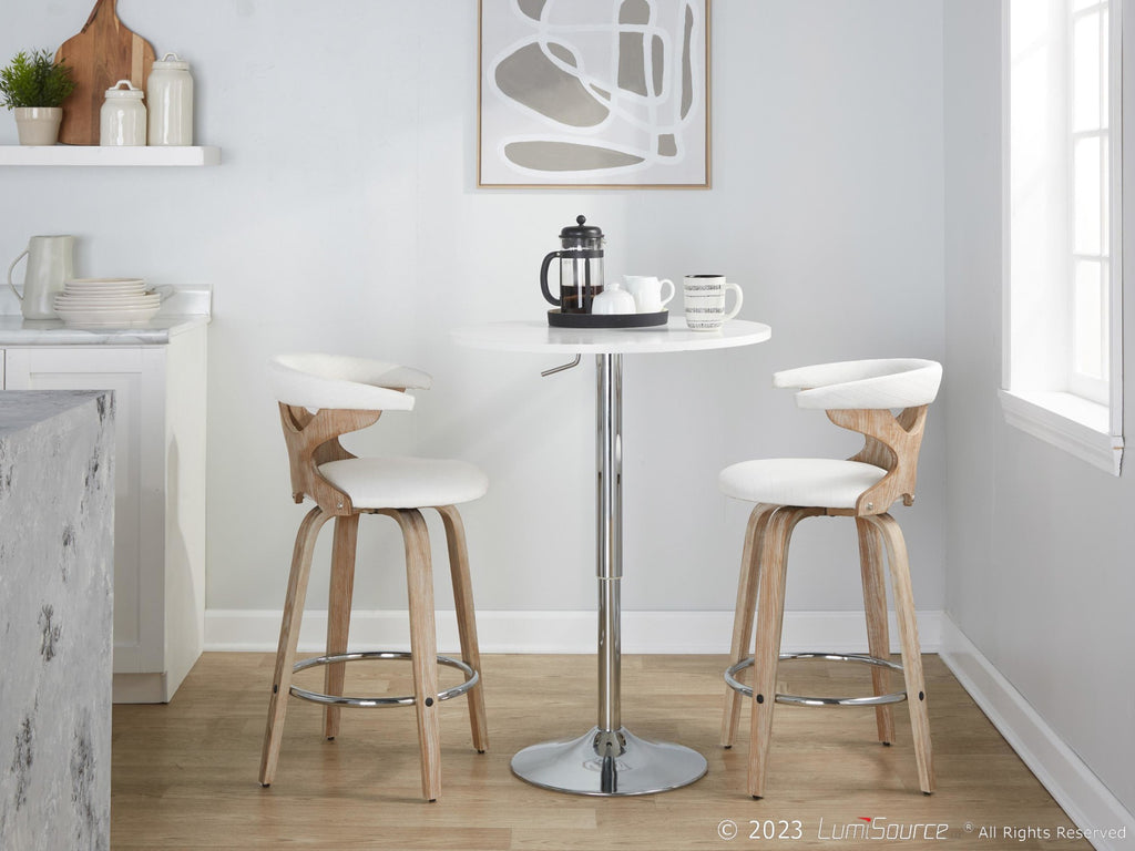 Gardenia 26" Fixed-Height Counter Stool - Set of 2 - Whitewashed Wood, Cream Fabric, Chrome Metal