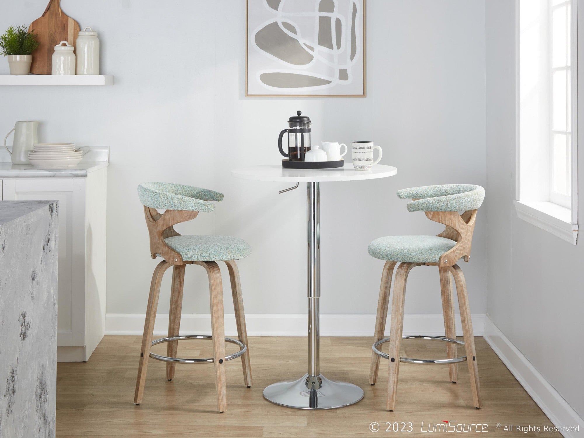 Gardenia 26" Fixed-Height Counter Stool - Set of 2 - Whitewashed Wood, Seafoam Green Fabric, Chrome Metal