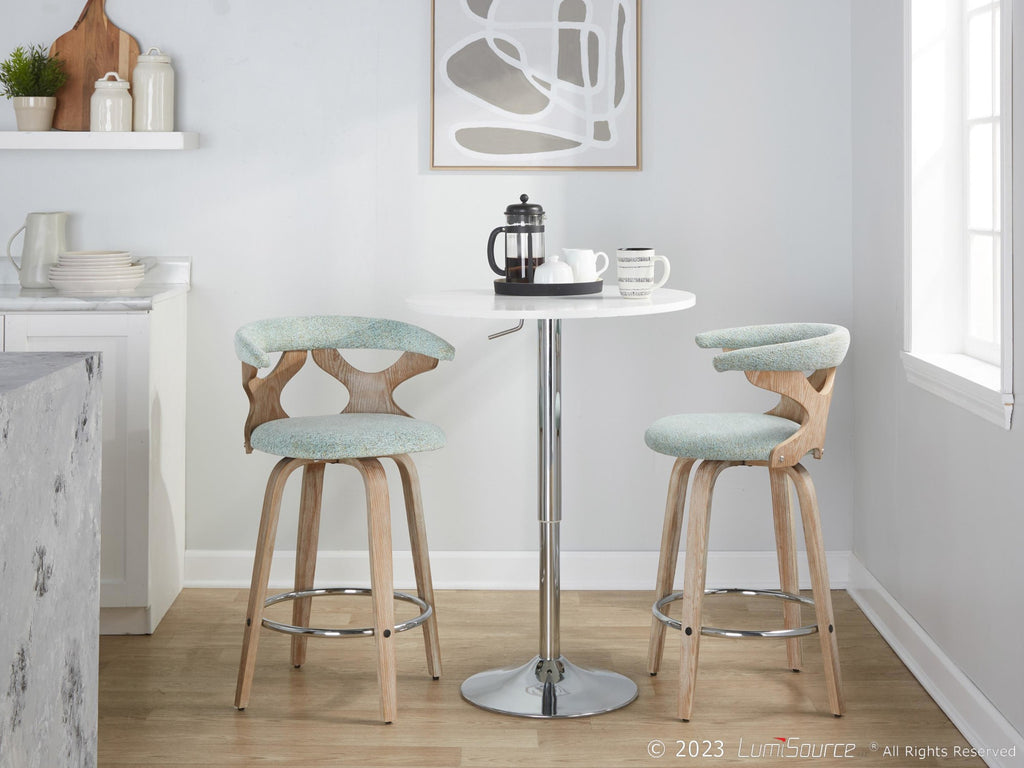 Gardenia 26" Fixed-Height Counter Stool - Set of 2 - Whitewashed Wood, Seafoam Green Fabric, Chrome Metal
