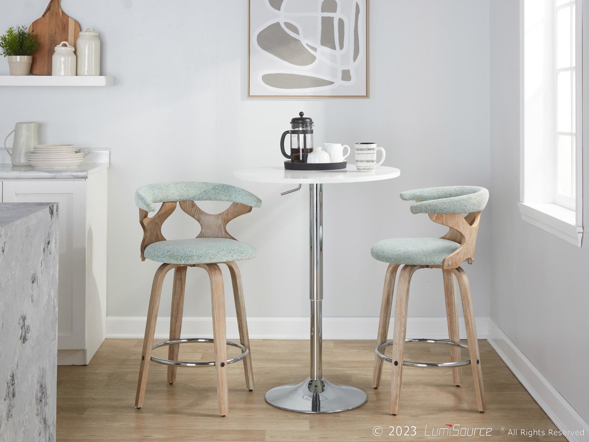 Gardenia 26" Fixed-Height Counter Stool - Set of 2 - Whitewashed Wood, Seafoam Green Fabric, Chrome Metal