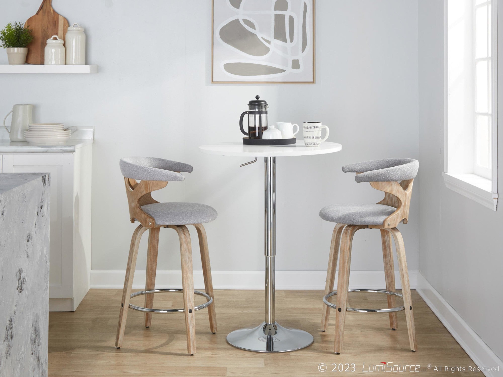 Gardenia 26" Fixed-Height Counter Stool - Set of 2 - Whitewashed Wood, Light Grey Fabric, Chrome Metal