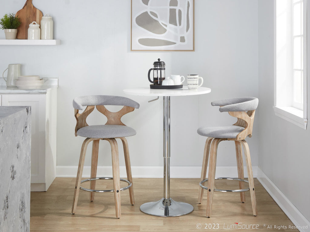 Gardenia 26" Fixed-Height Counter Stool - Set of 2 - Whitewashed Wood, Light Grey Fabric, Chrome Metal