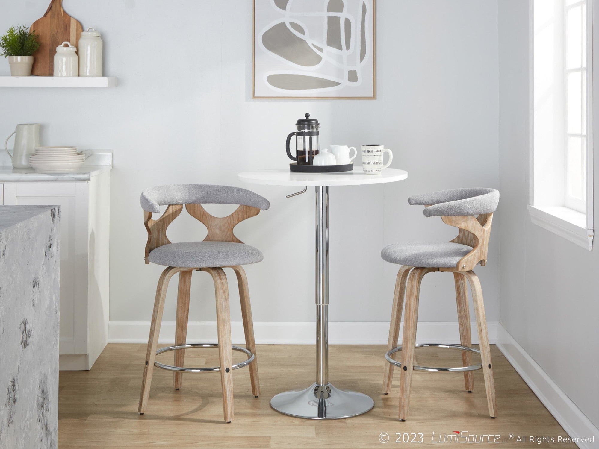 Gardenia 26" Fixed-Height Counter Stool - Set of 2 - Whitewashed Wood, Light Grey Fabric, Chrome Metal
